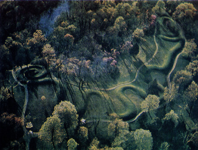 Вид с самолета на знаменитый Змеиный маунд Адаме (штат Огайо)