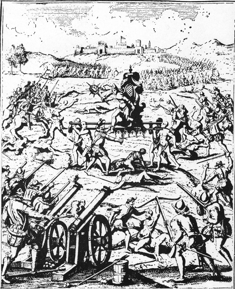 Пленение Атауальпы. Рис, художника XVIII века, основан на более ранних работах фламандских художников