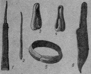 Бронзовые орудия и украшения тазабагъябцев и суярганцев: 1-2 - шилья: 3-5 - украшения; 6 - нож