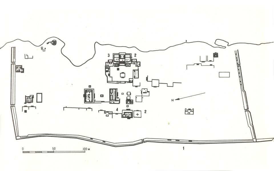 Тулум - общий план  1 Городские укрепления. 2. Дворец ('Кастильо'), 3. 'Храм 'Опускающегося бога'. 4. 'Храм фресок'