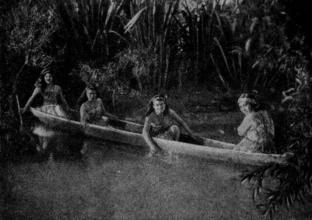 Маорийское речное каноэ; на берегу видны заросли новозеландского льна, из которого изготовляют одежду