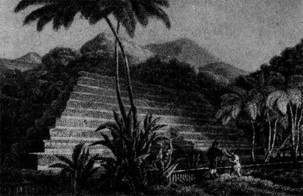Своеобразный храм Махаиатеа, воздвигнутый в 1769 г.; он послужил основанием для ошибочных теорий о родственной близости полинезийской и египетской культур (Первое путешествие Д. Кука)