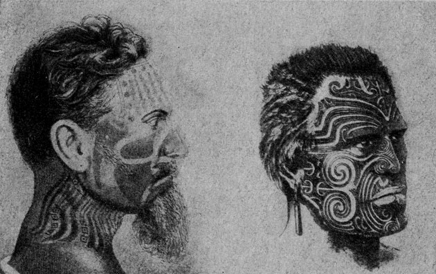 Татуированный житель острова Пасхи. Татуированный маориец; показан орнамент из завитков, который встречается только в Новой Зеландии