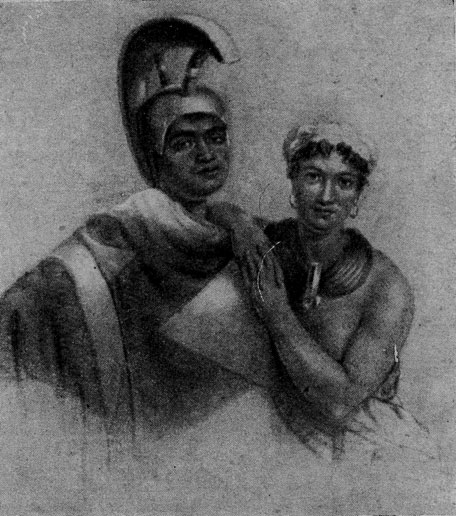 Гавайский верховный вождь Поки и его жена Лилиха в туземных нарядах  (с гравюры по рисунку Хейтера, 1824 г.)