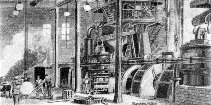 Машинный зал центральной электростанции в Берлине. Гравюра по рисунку А. Кирхера. 1890 г.