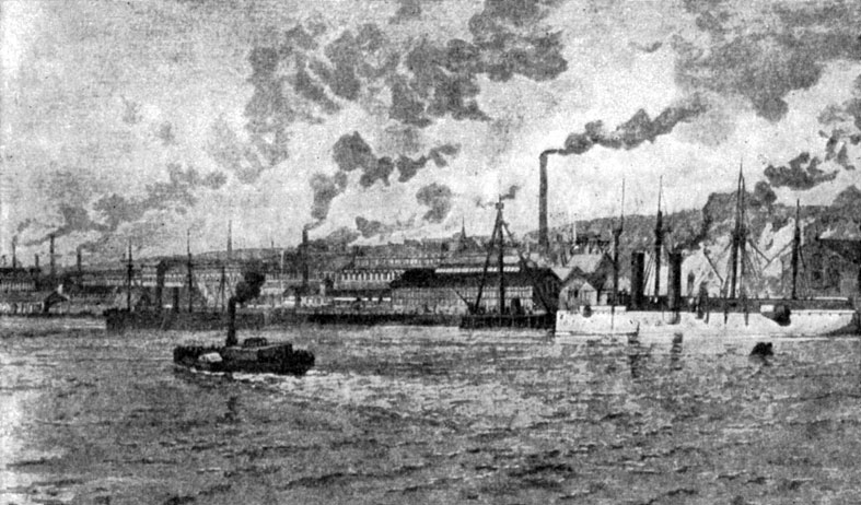 Общий вид металлургических заводов в Ньюкасле. Гравюра, 1887 г.