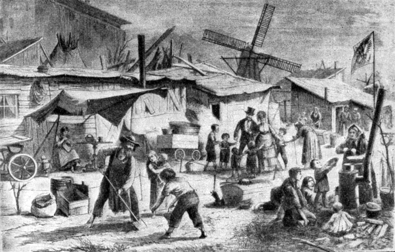 Лачуги бедноты в предместьях   Берлина. Гравюра по рисунку К. Отваля. 1872 г.