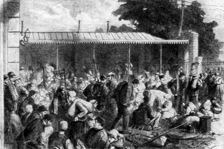 Косари на вокзале в Шартре. Рисунок Г. Жане. 1873 г.