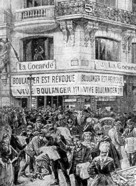 Буланжистская агитация перед зданием газеты «Ля Кокард». Гравюра. 1888 г.