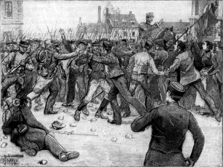 Нападение войск на забастовщиков в Фурии 1 мая 1891 г. Гравюра по рисунку Л. Тинейра.