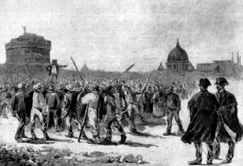 Митинг безработных на Прати ди Кастелло в Риме. Гравюра по рисунку Орази. 1889 г.