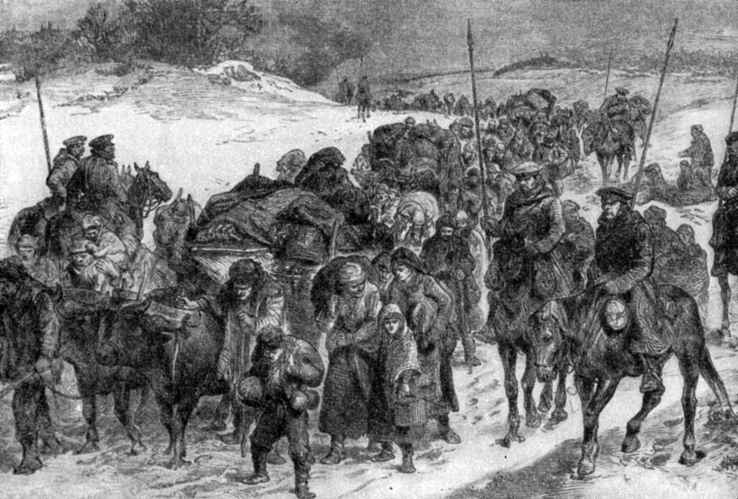Возвращение болгарских беженцев домой под защитой русских солдат. Гравюра.  1878 г.