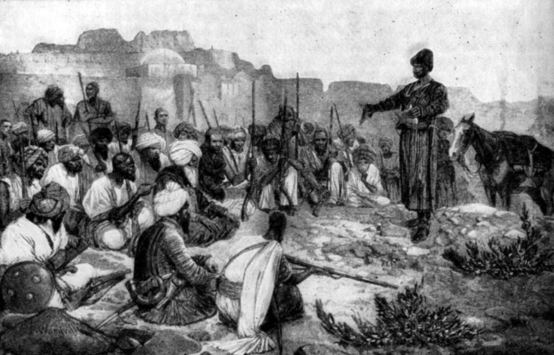 Собрание афганского племени афридиев на  Хайберском перевале. Гравюра по рисунку Р. Вудвила. 1878 г.