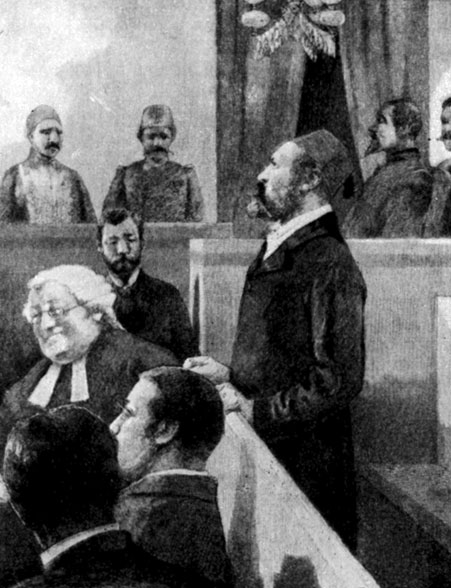 Араби-паша перед английским военным судом. Гравюра по рисунку Бернд стона. 1882 г.