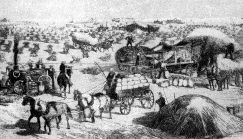 Паровая молотилка в Дакоте. Гравюра.  1879 г.