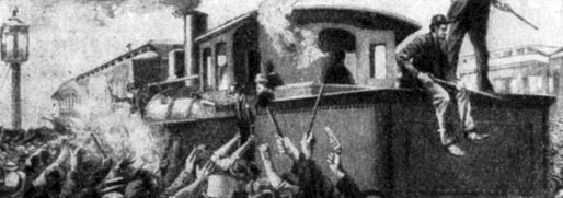 Столкновение рабочих с полицейскими при отправке поезда. Стачка железнодорожников в штате Иллинойс в 1894 г. Гравюра.   1894 г.