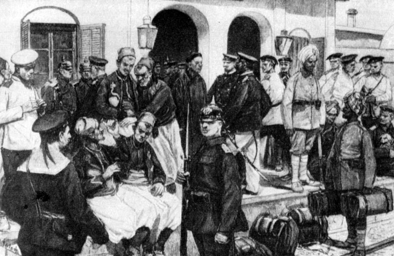 Войска держав-интервентов на вокзале в Танхэ. Рисунок О. Герлаха по фотографии. 1901 г.
