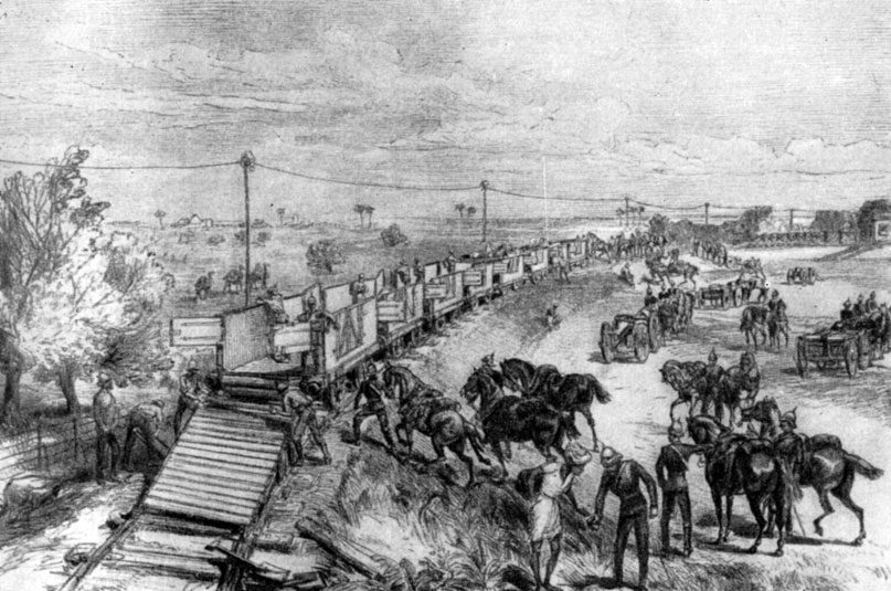 Перевозка английской артиллерии по железной дороге в Индии. Гравюра. 1875 г.
