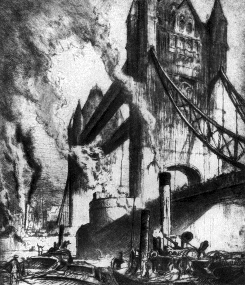 Тауэрский мост в Лондоне. Офорт Ф. Брзнгвина. 1913 г.
