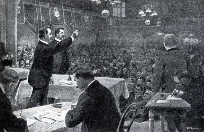 Объявление всеобщей стачки на собрании рабочих делегатов в Эссене 16 января 1905 г. Рисунок с натуры Е. Лиммера.