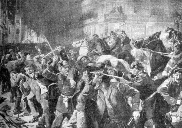 Столкновение бастующих рабочих с полицией в Мсабите. Рисунок В. Цеме.  1910 г.
