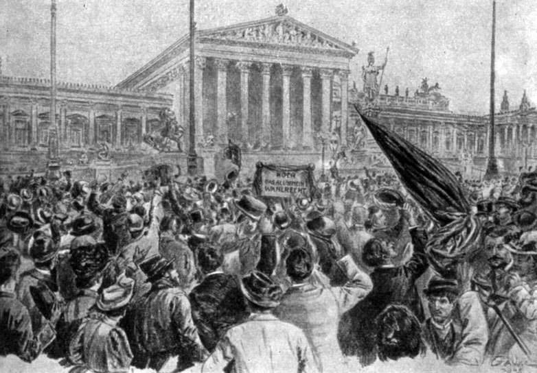 Демонстрация в Вене перед зданием парламента. Рисунок В. Гаузе. 1905 г.