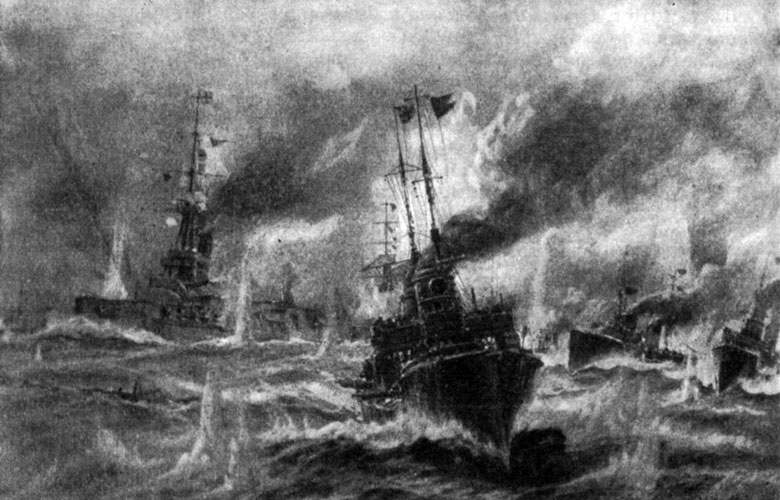 Бой немецких торпедных катеров с английскими кораблями 31 мая 1916 г. Рисунок В. Штёвера.
