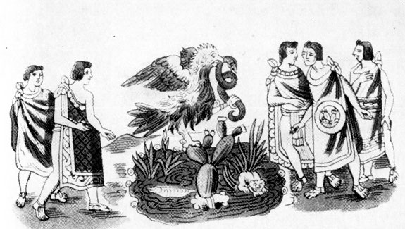 Легенда об основании Теночтитлана (рисунок из альбома в книге испанского хрониста Диего Дурана 'История Индий', XVI в.)