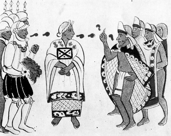 Встреча Кортеса с Мотекухсомой. В центре изображена индианка Марина (Малинче-Малинцин), переводящая разговор предводителя конкистадоров с ацтекским тлатоани ('Флорентийский кодекс', XVI в.)