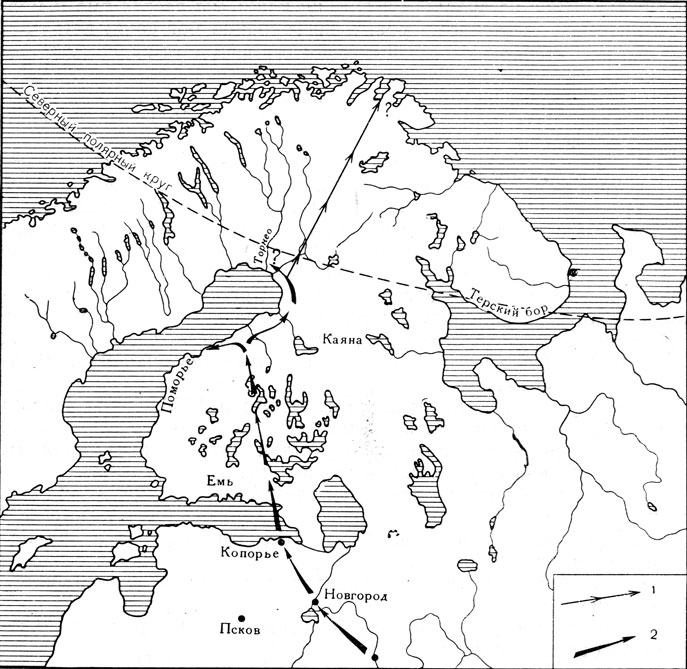 Полярный поход Александра Невского: 1-2 - предполагаемые варианты выходавойск к морю.