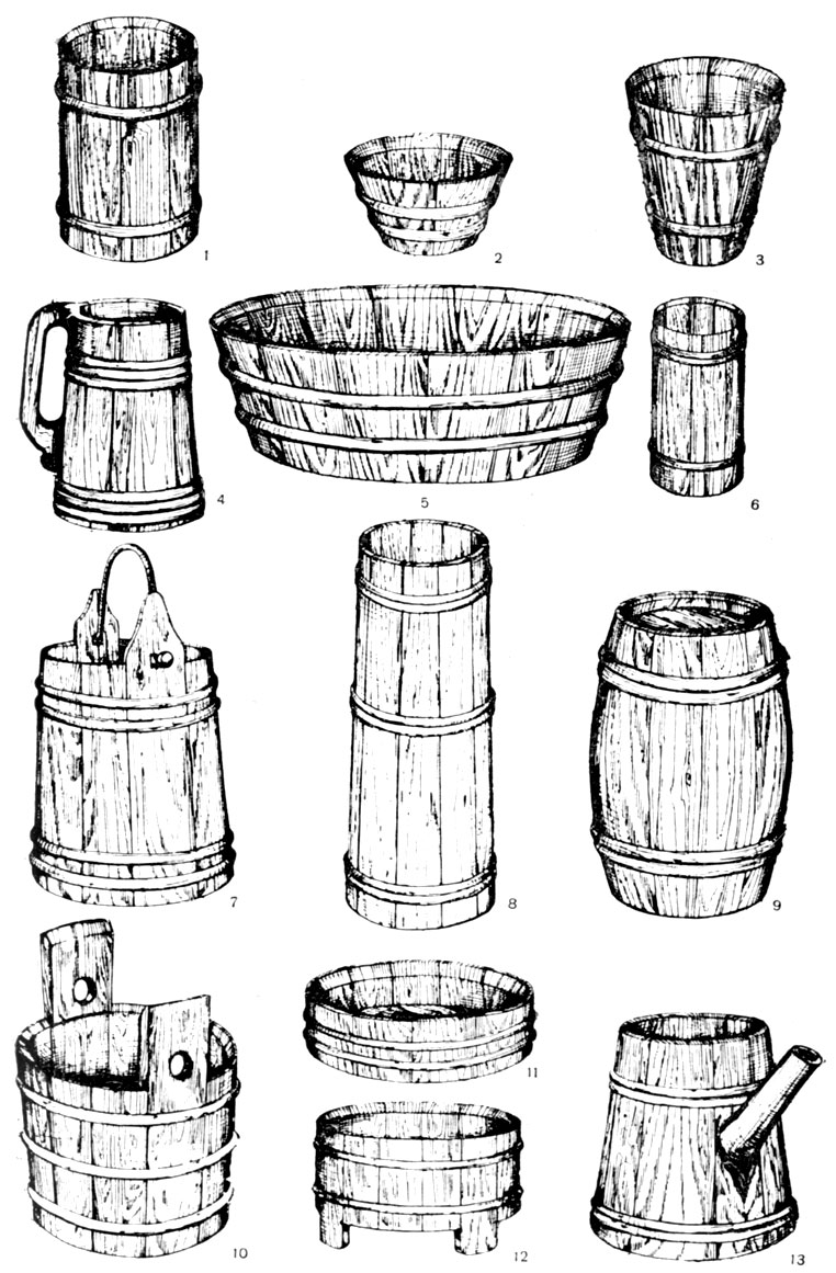 Бондарные изделия XIV-XV вв.: 1 - кадка, 2-3 - питьевые чаши, 4 - пивной жбанчик, 5 - лоханка, 6 - стакан, 7 - ведро - маслобойка, 9 - бочонок, 10 - ушат, 11 - лоханка, 12 - лоханка на ножках, 13 - подойник.