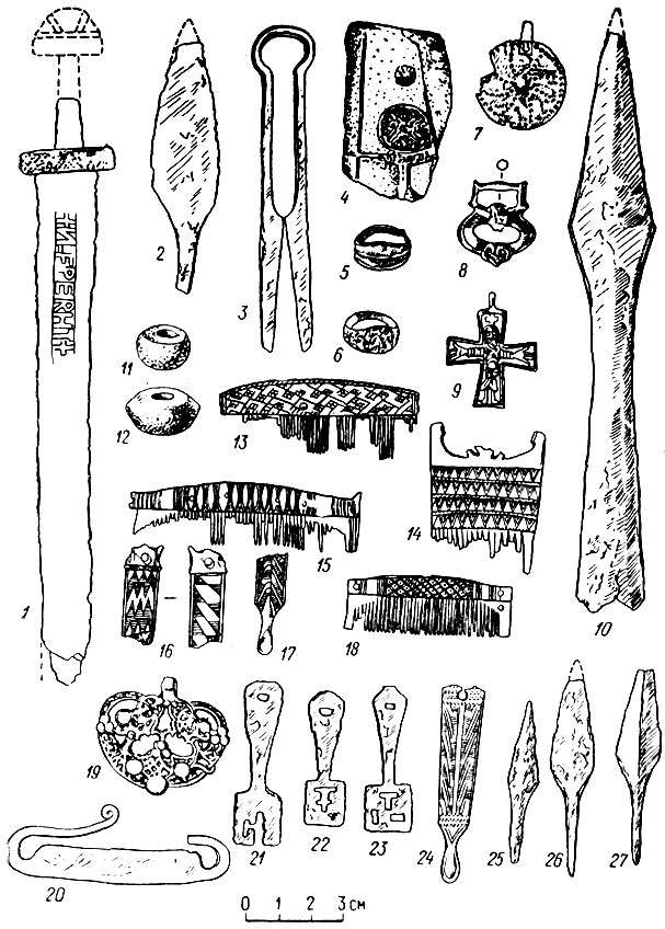 Рис. 5. Предметы из Тимеревскою археологического комплекса. 1 - меч; 2 - дротик; 3 - ножницы; 4 - литейная формочка; 5 - серебряный перстень; 6 - бронзовый перстень; 7 - серебряная подвеска; 8 - бронзовая пряжка; 9 - бронзовый крестик; 10 - копье; 11-12 - шиферные пряслица; 13-15 - костяные гребни; 16-17 - копоушки; 18 - гребень; 19 - бронзовая подвеска; 20 - калачевидное кресало; 21-23 - ключи; 24 - копоушка; 25-27 - стрелы.