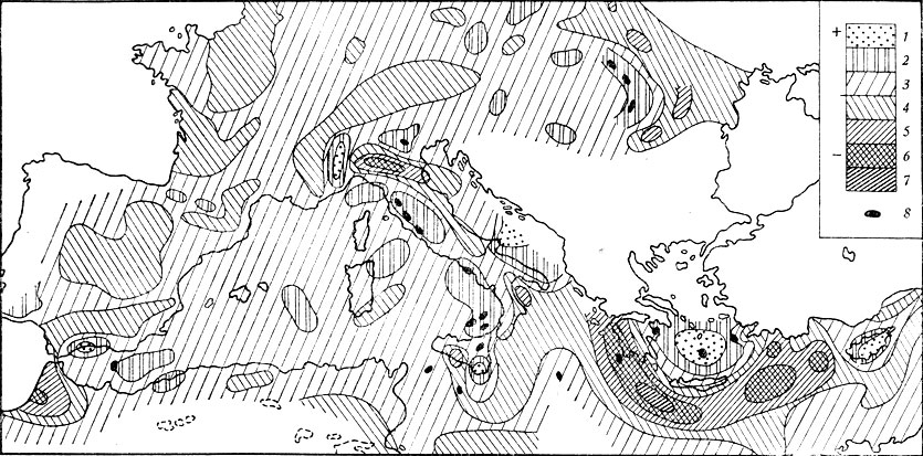 Рис. 3. Карта аномалий силы тяжести Средиземноморья в изостатической редукции. Положительные аномалии (в  миллигалах): 1 — больше 100, 2 — 50—100, 3 — 0—50; отрицательные: 4 — 0—50, 5 — 50—100,  6 — 100—150, 7 — меньше 150; 8 — вулканы и следы современного вулканизма