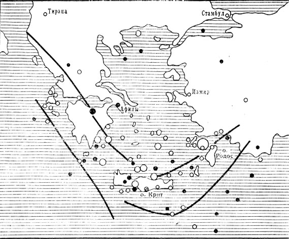 Рис. 6. Карта эпицентров глубоких (подкоровых) землетрясений в 1901—1955 гг (светлые кружки), в 1960—1904 гг. (темные кружки)