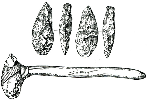 Реконструкция топора из Костенок I. По следам работы установлено, что это было рубящее орудие, имевшее деревянную рукоятку