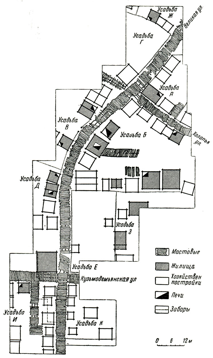 План сооружений, раскопанных в Новгороде на Неревском конце. Постройки сгорели 2 мая 1267 г.