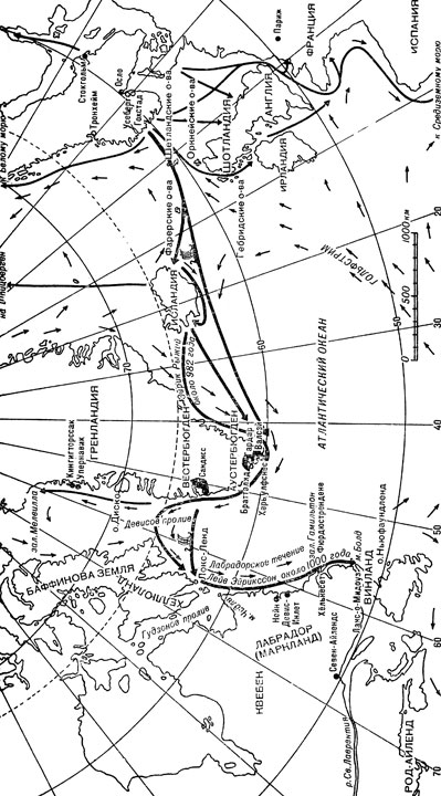 Обзорная карта маршрутов викингов Показан и западный путь из Норвегии в Исландию, норманнские поселения в Гренландии и дальше до Северной Америки - в Хеллюланд, Маркланд и Винланд