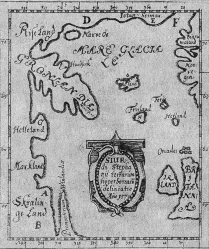 Исландская Сколхолтская карта приблизительно 1590 г. Начерчена ученым Сигурдуром Стефанссоном. Оригинал утрачен. Эта копия снята в 1670 г. епископом Тордом Турлакссоном, Длинный мыс с надписью 'Promontoriurn Winlandiae', видимо, тождествен северной части Ньюфаундленда