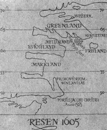 Карта северных областей Ханса Поульсена Резена начерчена в 1605 г. Как и на Сколхолтской и Венгерской картах, на длинном мысу есть надпись 'Promontorium Winlandiae'. Эта карта - перерисовка. (Копенгаген, Королевская библиотека)