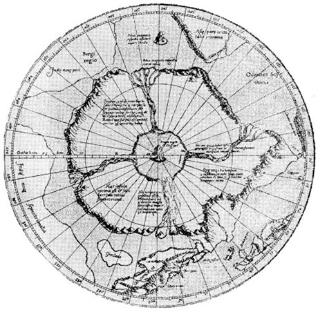 Область Северного полюса - карта Меркатора, 1569 г., составленная по сведениям экспедиции, предпринятой английским монахом и астрономом в 1360 г. из Аустербюгдена. Это, вероятно, монах Николай из Линна
