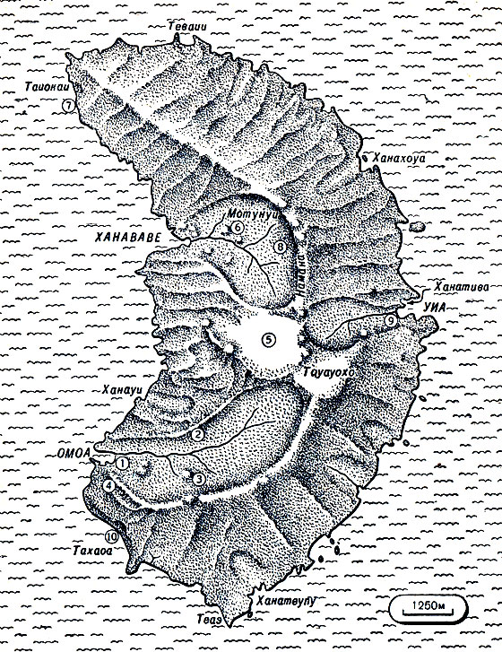 Остров Фату-Хива: 1 - берег, на котором мы высадились; 2 - наша бамбуковая хижина; 3-- скальные изображения; 4-древние развалины и черепа; 5 - неизведанные горн плато; 6 - лес, охраняемый табу; 7 - „ночная вода“; 8 -развалины, истуканы: и рисунки на камне; 9 - наша свайная хижина в долине Уиа; 10 - пещера наше последнее убежище