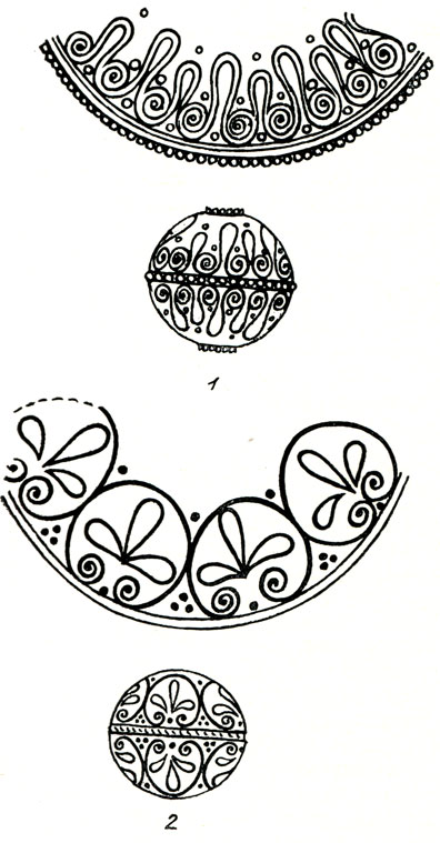 Таблица 2. Орнаменты бус второго (1) и третьего (2) вариантов конца V в. до н. э.: 1 - окрестности Керчи; 2 - шестой Семибратний курган