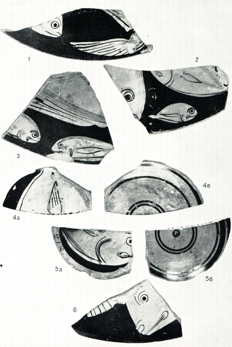Таблица VI. Фрагменты рыбных блюд: 1 - П. 1867/68, 208; 2 - П. 1867/68, 209; 3 - П. 1867/68, 210; 4 а, б - П. 1867/68, 211; 5 а, б - П. 1867/68, 212; 6 - П. 1867/68, 213