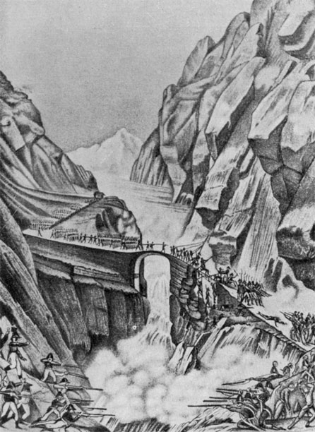 Штурм Чертова моста 14 сентября 1799 г. Литография Ильина с картины неизвестного художника