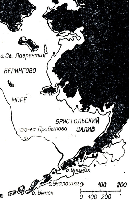 Палеогеографическая карта района Алеутских островов. Линией обозначены контуры древней суши