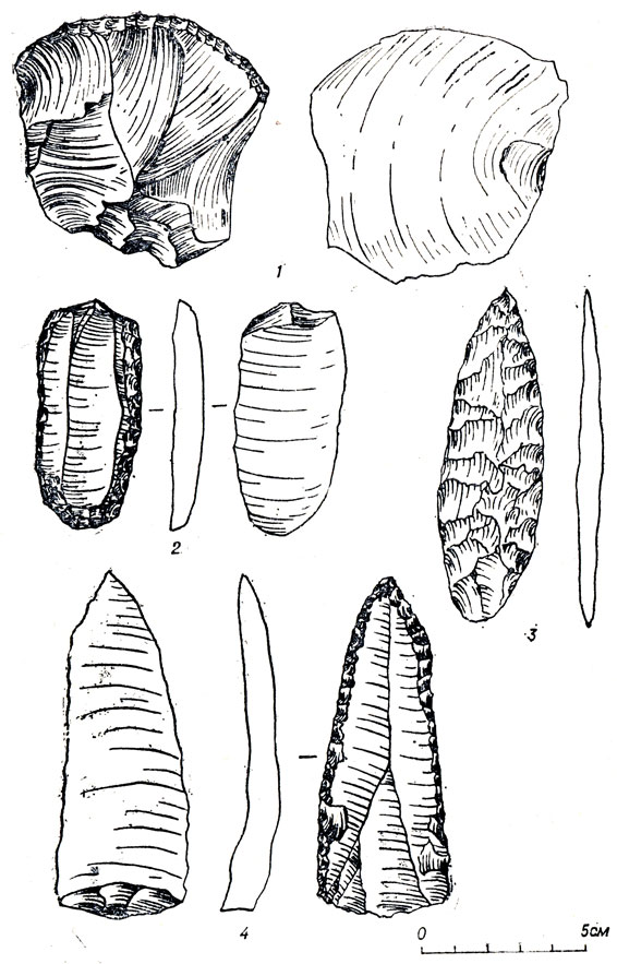 Каменные орудия, обнаруженные на Анангуле - стоянке с пластинами (1, 2, 4) и Вилледж Сайт (3)