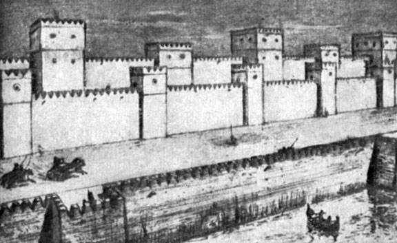 От нападений врага Вавилон был защищен двойным рядом стен. (По рисунку-реконструкции Ф. Кришена.)