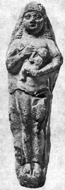 Такие глиняные фигурки изготовлялись тысячами в формах и продавались населению обычно в связи с религиозными праздниками. Середина I тысячелетия до н. э. Высота 6,6 см
