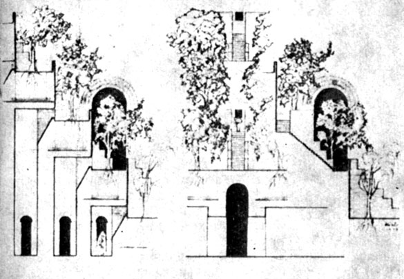 Чертеж-реконструкция Висячих садов должен дать известное представление о том, как это сооружение выглядело в свое время. Слева- поперечный разрез, справа - вид спереди