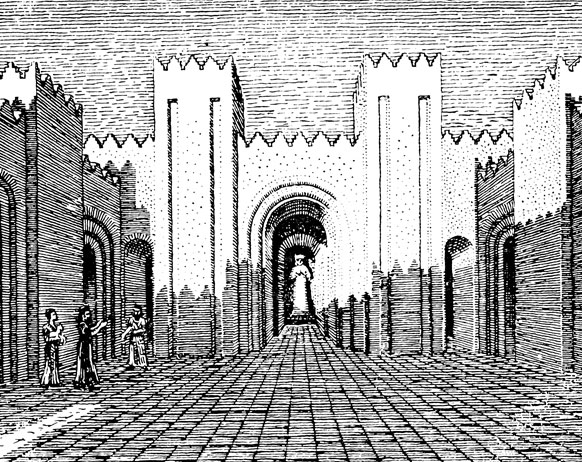 Двор храма богини Иштар в Вавилоне. У входа в целлу - монументальные башни. На заднем плане видна стоящая в нише статуя богини